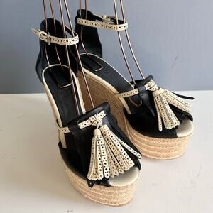 Polo Ralph Lauren Wedge Sandals Size 10 Espadrille Leather Tassels Boho Hamptons